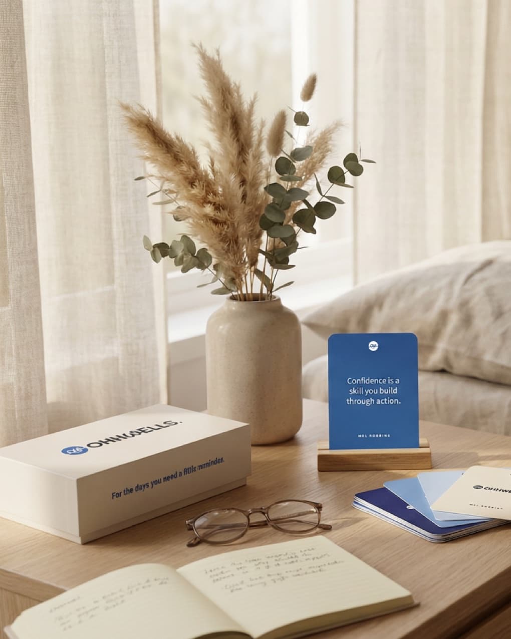 OhhWells affirmation card on wooden desk stand